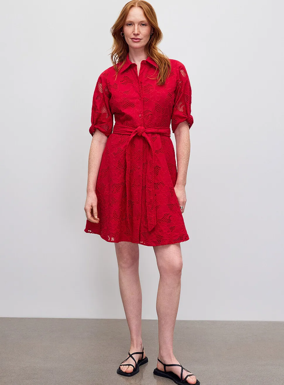 Vibrant red broderie anglaise shirtdress