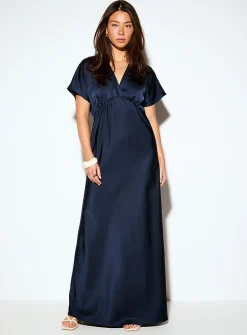V-neck double-face satin maxi dress