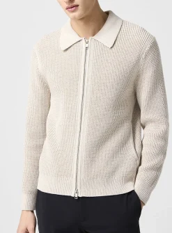 Waffle-knit polo-collar zip-up cardigan