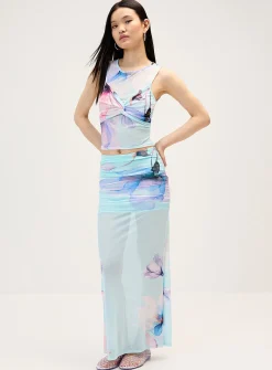Watercolour floral mesh maxi skirt