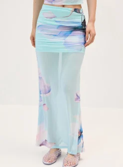 Watercolour floral mesh maxi skirt