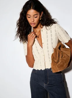 Waves and openwork polo collar cropped cardigan