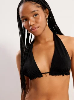 Wavy-trim halter triangle bikini top