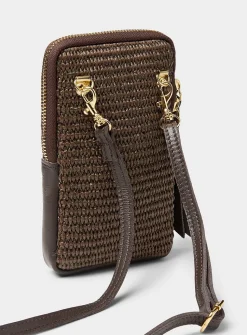 Woven straw and leather phone clutch