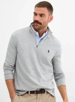 Zip-neck piqué-knit T-shirt