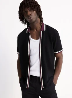 Zipped polo-collar waffled jersey cardigan